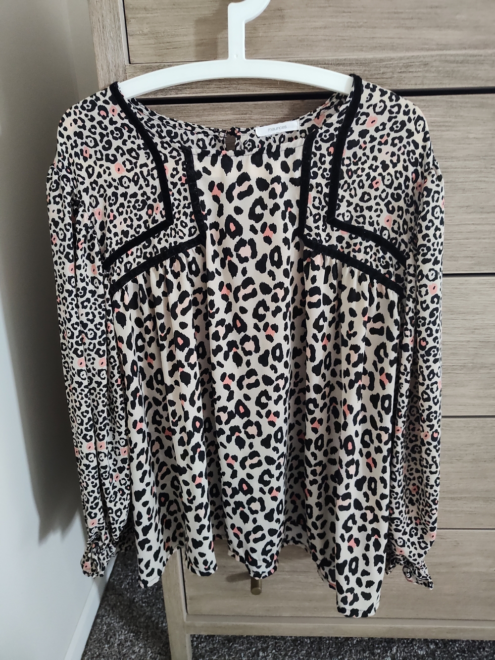 Maurices Cream Leopard Print Blouse with Black Trim and Pink Spots